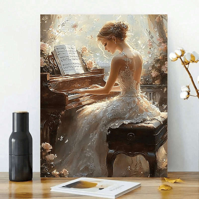 1pc  Elegant Piano-Playing Woman Wall Art Wooden Framed Canvas Print for Wedding Anniversary
