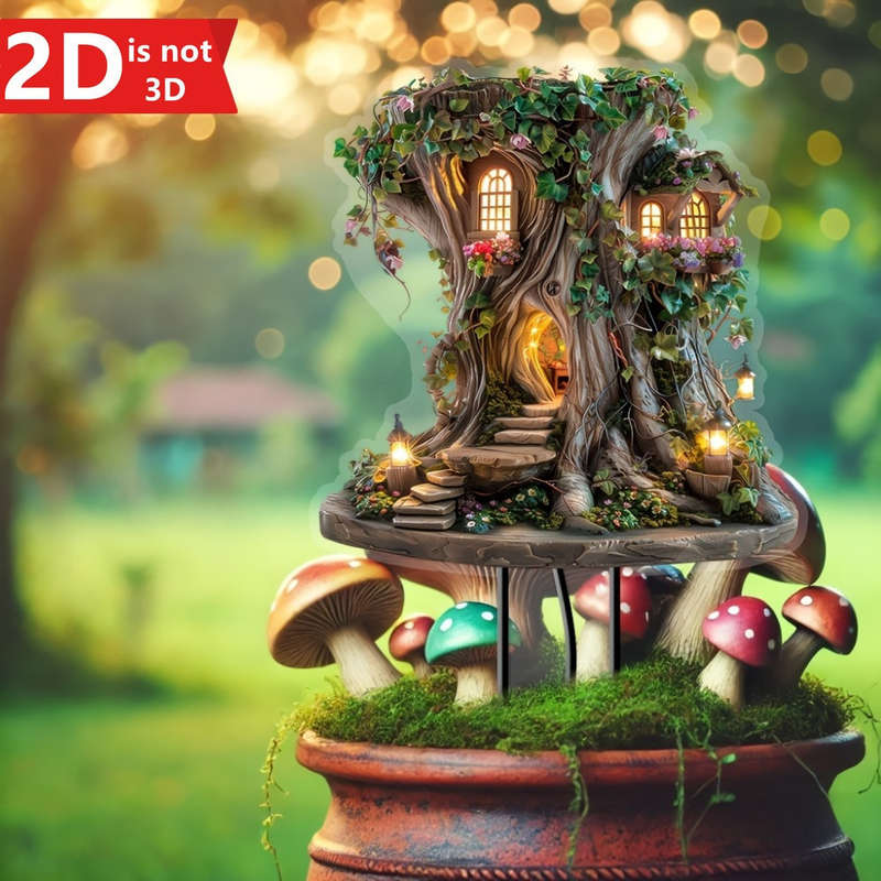 1pc 2D Flat   Magic Bohemian Fairy Tree House Garden Stake  Acrylic Decor with Glowing Wind