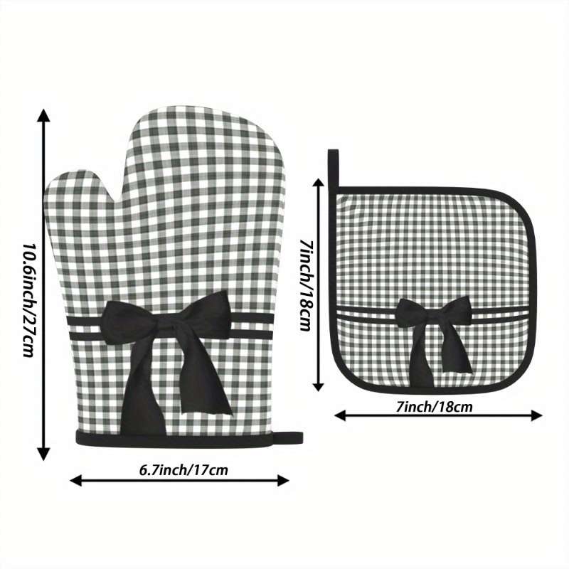 2pcs Heat Resistant Oven Mitts Woven Polyester Potholders with Black and White Checked Bow Des