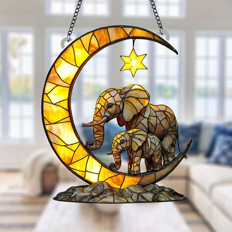 1pc 2D Flat  17.78cm x 20.32cm Acrylic Moon Star Elephant Family Wall Art Vibrant Stained Glass
