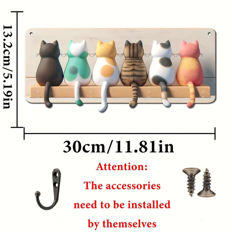 A 2D Whimsical Cat Silhouette Keychain with 4 One Metal Hooks-Colorful Wall-Mounted Wood Artwork Pe