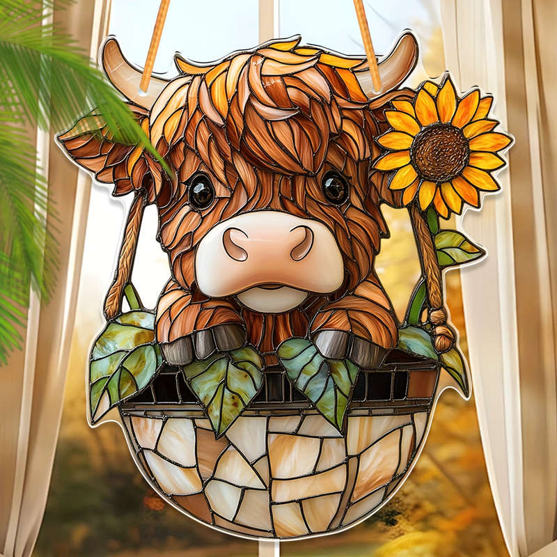1pc 2D Flat  Highland Cow Acrylic Wall Pediment  Print Farmhouse Window Catchlight 7.1"x8" Ind