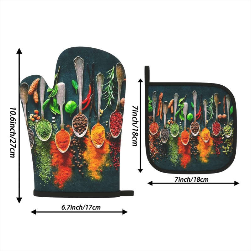 2pcs HeatGuard Kitchen Oven Mitts and Potholders Set Colorful Spices and Herbs Design 100% Po