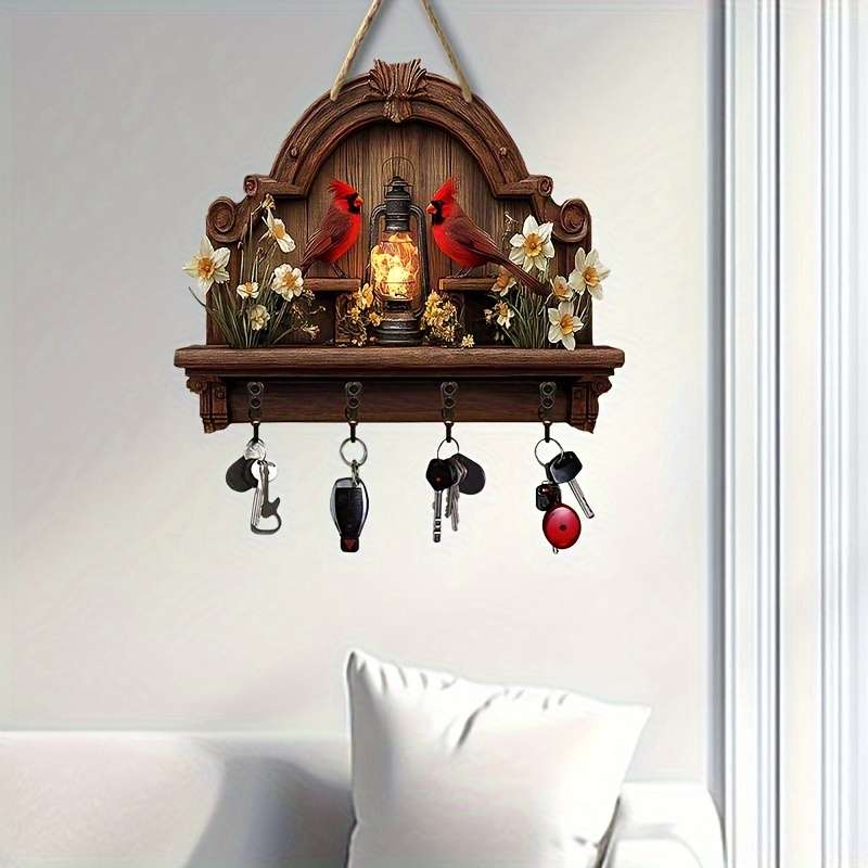 A Piece Featuring a Cardinal a Simple Colorful Wooden And Home Key Hook with Four Metal Hooks (30.0