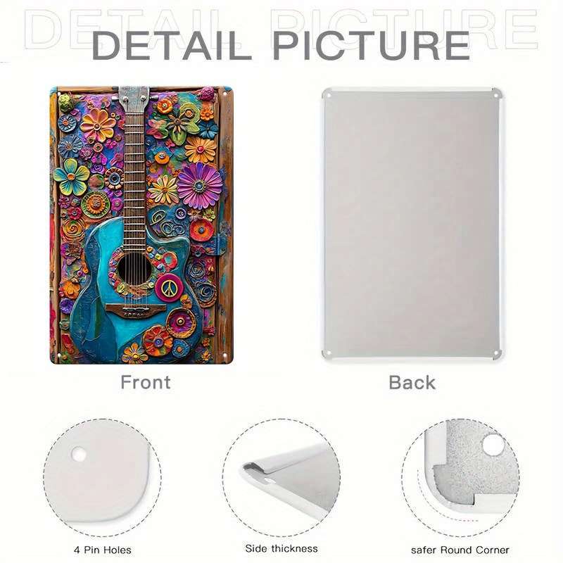 1pc Vintage Hippie Guitar Aluminum Tin Sign 8x12 Inch 20x30cm No Electricity Required Wall-Mo