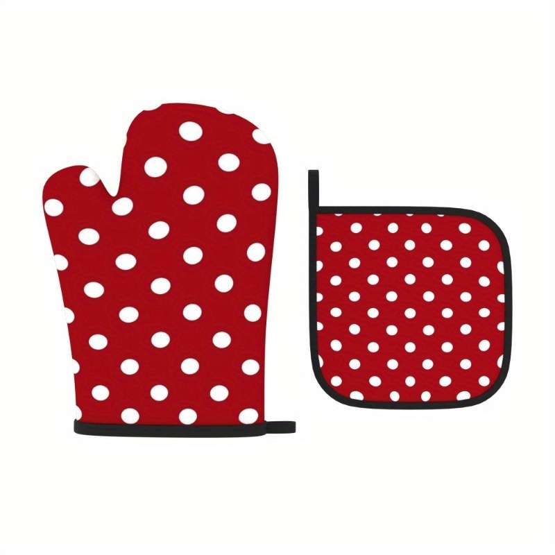 2pcs Chic Red White Polka Dot Oven Mitts 26.92x17.02 cm Heat Resistant Polyester Gloves fo