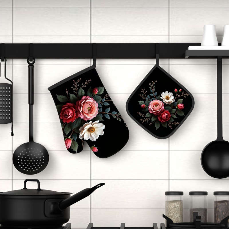 2pcs Floral Heat-Resistant Oven Mitts Potholders Spring Flowers Leaves Design 26.92x17.0