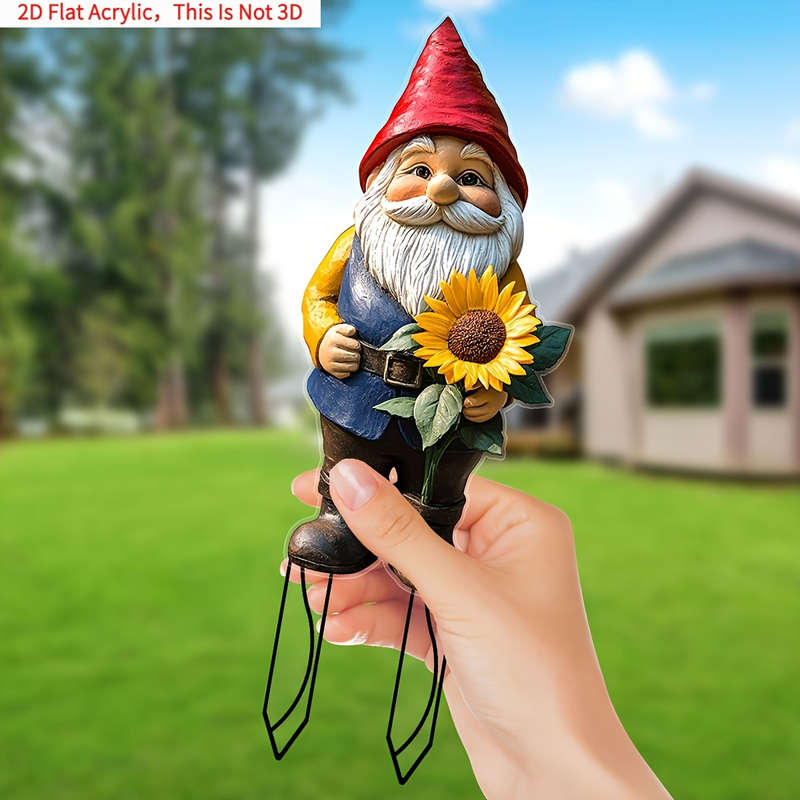 1pc 2D Flat   Charming Sunflower Garden Gnome  Acrylic Yard Stake Bonsai Decor Whimsical