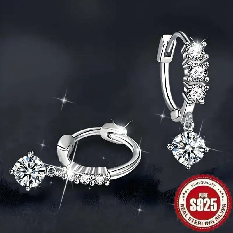 925 Silver, Earrings with Inlaid with Round Synthetic Zirconia