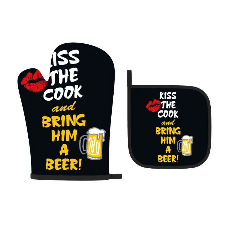 2pcs Heat-Resistant Oven Mitts Pot Holders Beer-Themed Kitchen Gloves with Fun Phrases Bla