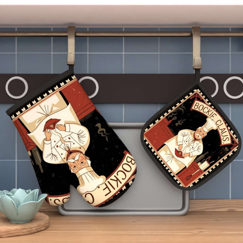 2pcs Retro Chef Oven Gloves and Pot Mats Heat Resistant Vintage Kitchen Decor Suitable for