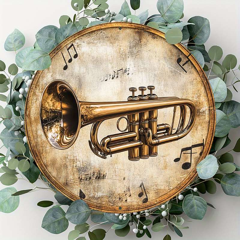 1pc  Trumpet Art Decoration 20.32x20.32 cm Round Aluminum Wall Art with Musical Notes Trumpe