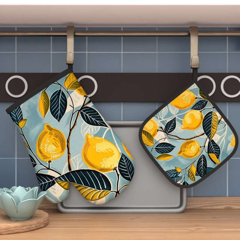 2pcs Lemon Leaf Pattern Oven Mitts Heat Resistant Non-Slip Kitchen Gloves for Baking Grilli