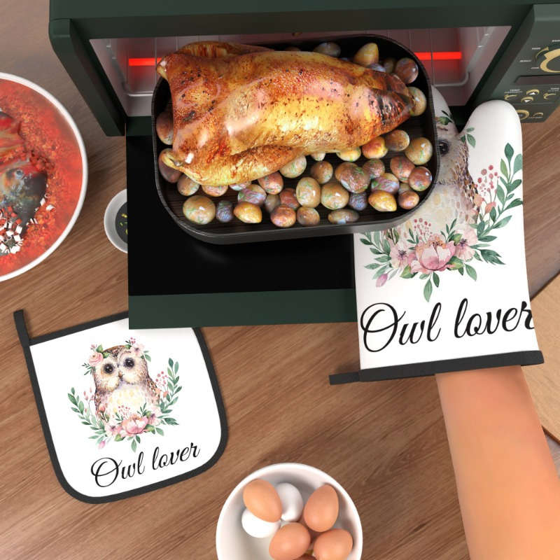 2pcs Set Owl Lover Themed Polyester Oven Mitts and Pot Holders 26.92x17.02 cm Heat Resistant