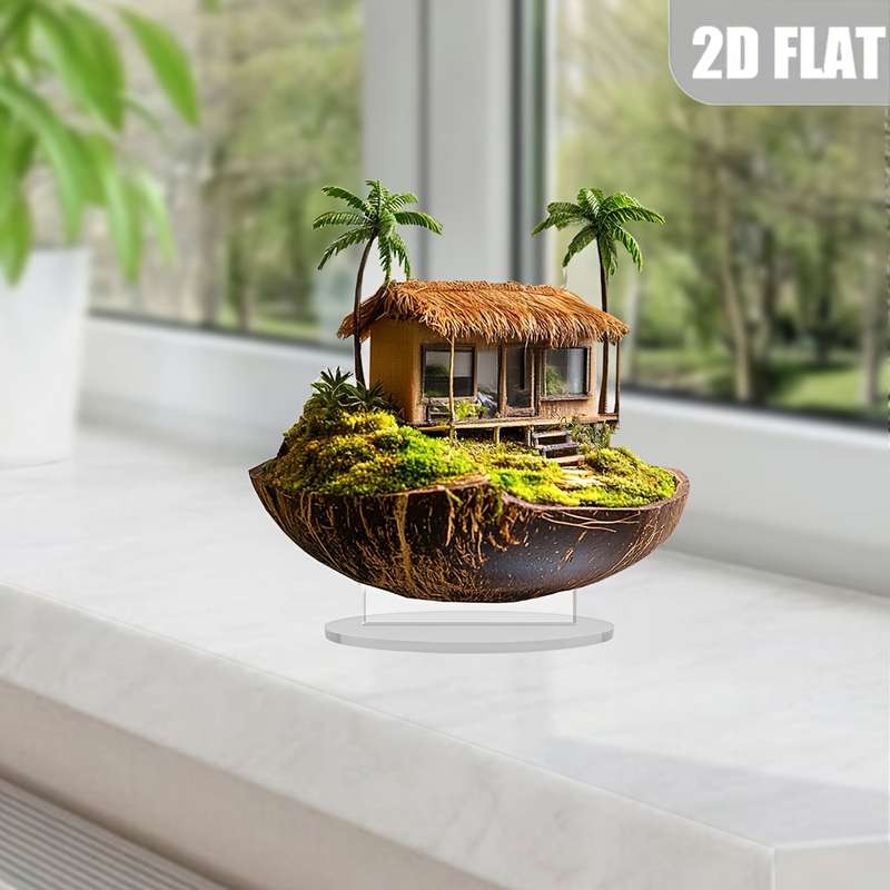 1pc 2D Flat  Bohemian Tropical Island Acrylic Decor Statue  Palm Tree Thatched Roof Design S