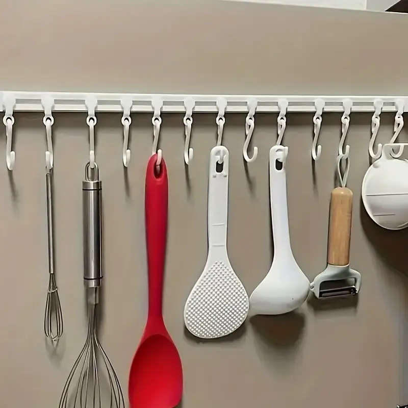 Seamless Adhesive Kitchen Storage Rack With 10 Sliding Hooks