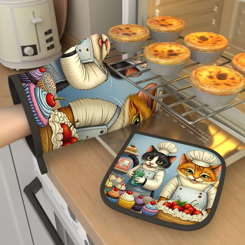 2pcs Cute Cat Chef Oven Mitts Heat Resistant 10.6x6.7 Inch Polyester Kitchen Gloves for Cook