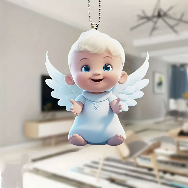 1pc 2D Flat  1 Guardian Angel Acrylic Pendant  Design with White Wings Blue Eyes Durab