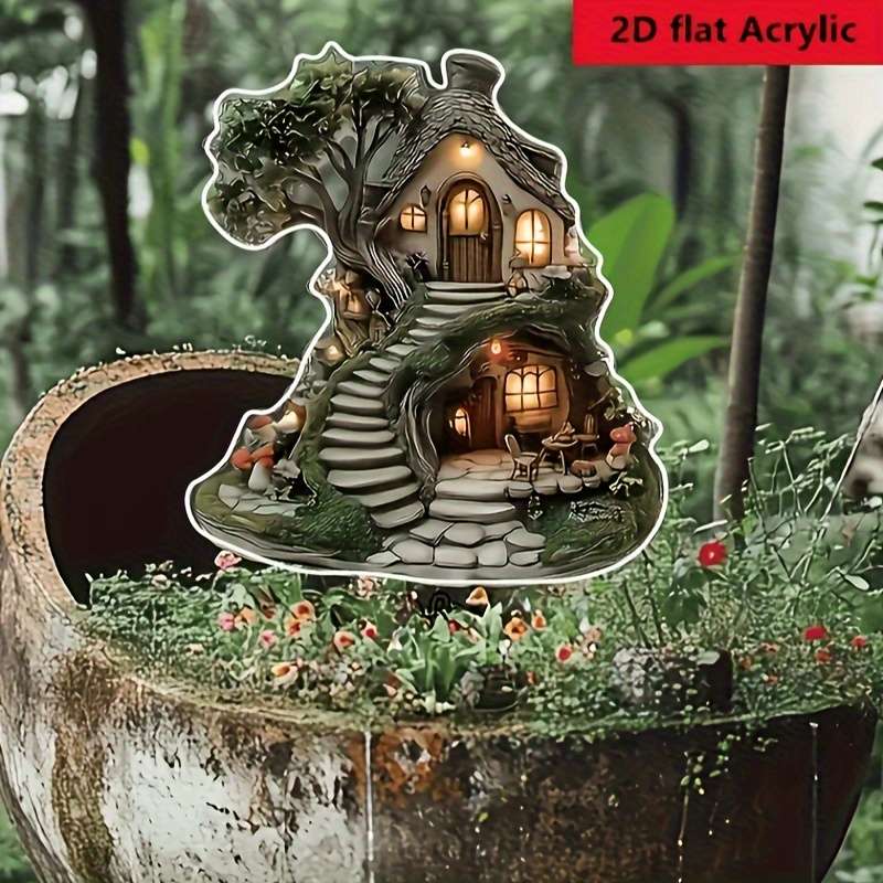 1pc 2D Flat  Glimm-Style Crystal Fairy Tree House Garden Plate Enchanting Lawn Ornament with Ston