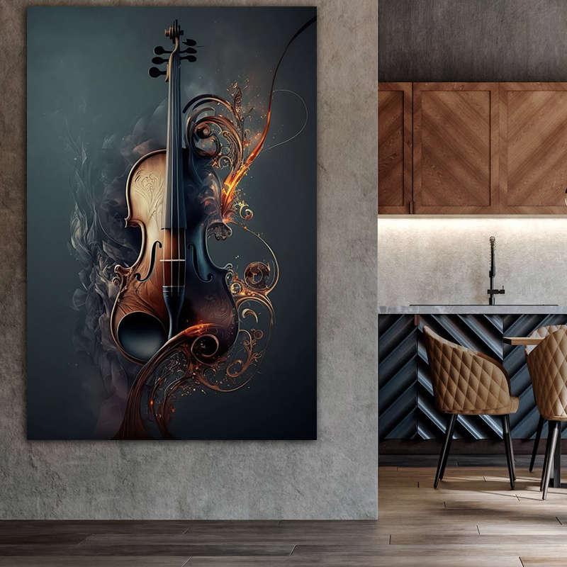 1pc  Large 79.98x119.99cm Frameless Canvas Art Elegant Violin Design with Fiery Swirls Modern