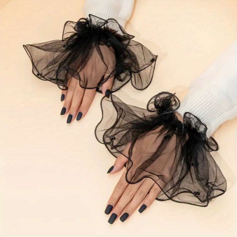 1 Pair Black Beaded Lace Cuff Gloves