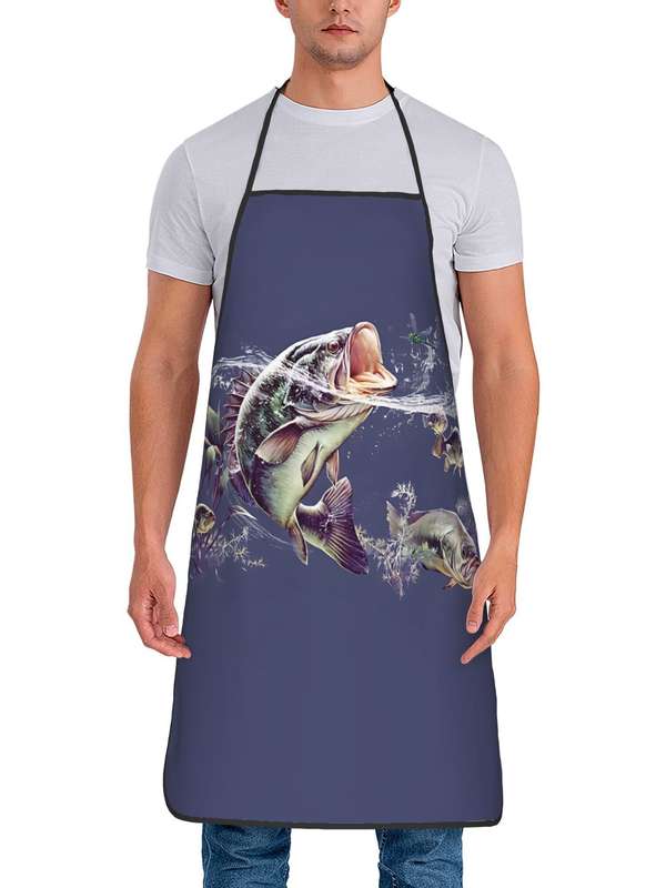 1pc Vintage-Style Fish Pattern Apron for Chefs BBQ Enthusiasts Durable 100% Polyester Easy-Car