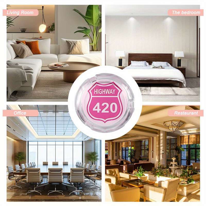 1pc Round Clear Glass Ashtray with Anti-Slip Base "Highway 10.67meter Pink Sign Design Modern De