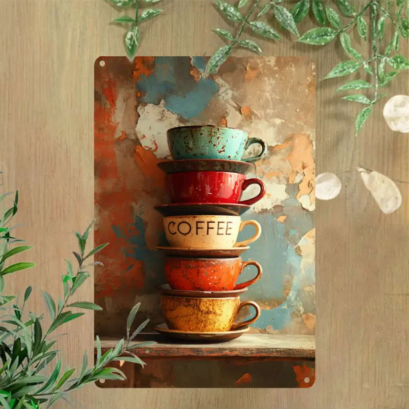 1pc Vintage Style Stacked Coffee Cups Foil Engraving Aluminum Sign Decorative Wall Art for Home Farm