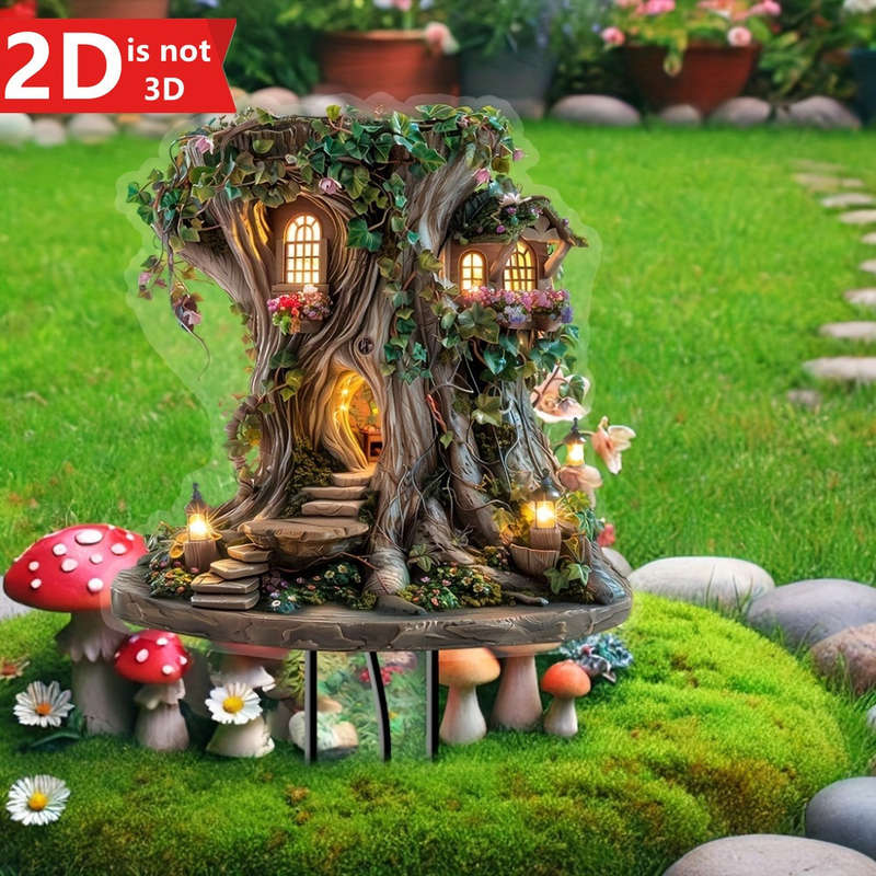 1pc 2D Flat   Magic Bohemian Fairy Tree House Garden Stake  Acrylic Decor with Glowing Wind