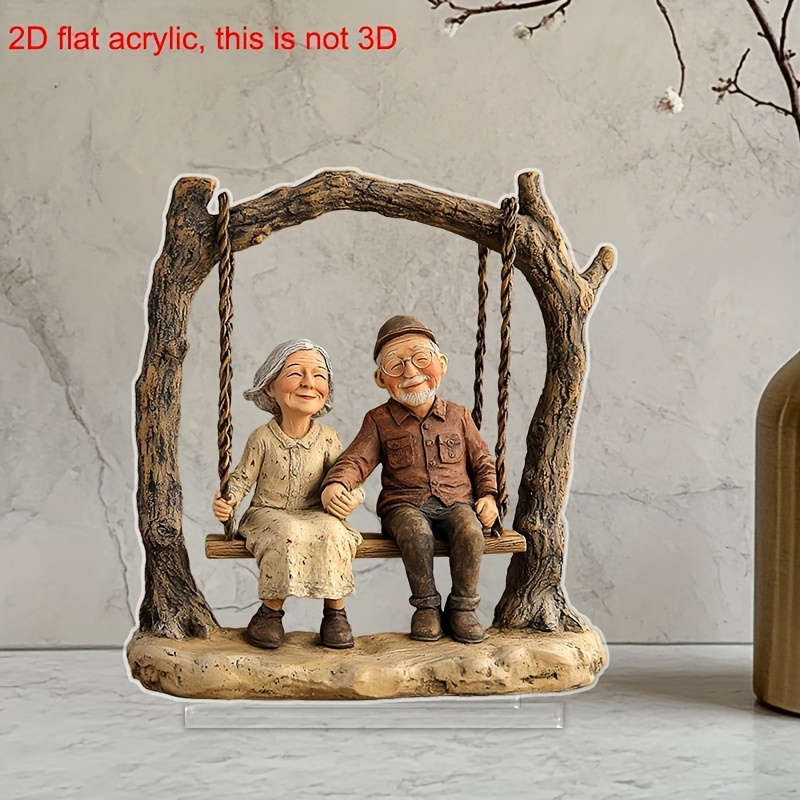 1pc 2D Flat  Acrylic  Acrylic Elderly Couple on Swing Decorative Statue Bohemian Style Tab