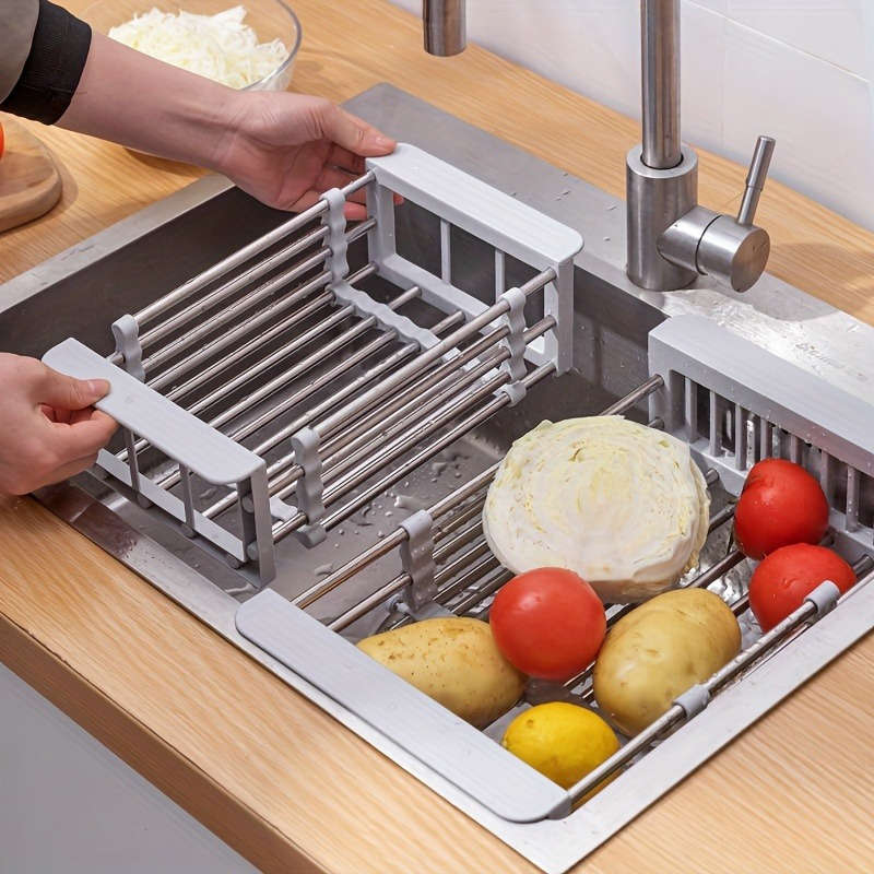 1pc Expandable Stainless Steel Over-The-Sink Dish Rack Drainer Basket Collapsible Kitchen Organ