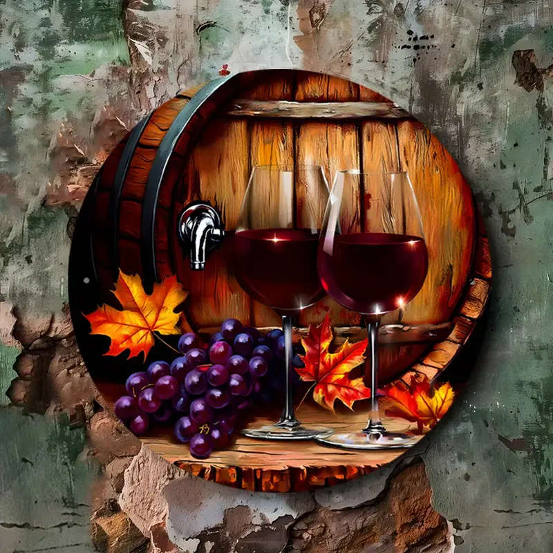 1pc Grapes and Red Wine Theme Decorative Painting Theme Round Aluminum Sign Wall Art Diameter 18.46c