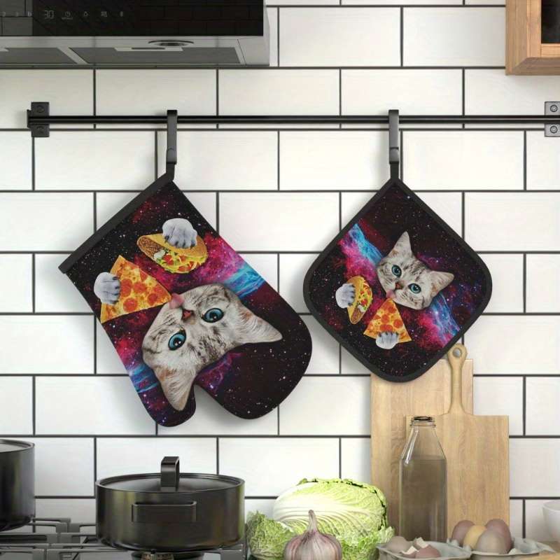 2pcs WhimsyCat Heat-Resistant Polyester Oven Mitts and Pot Holders Set 26.92x17.02 cm Cute Ki