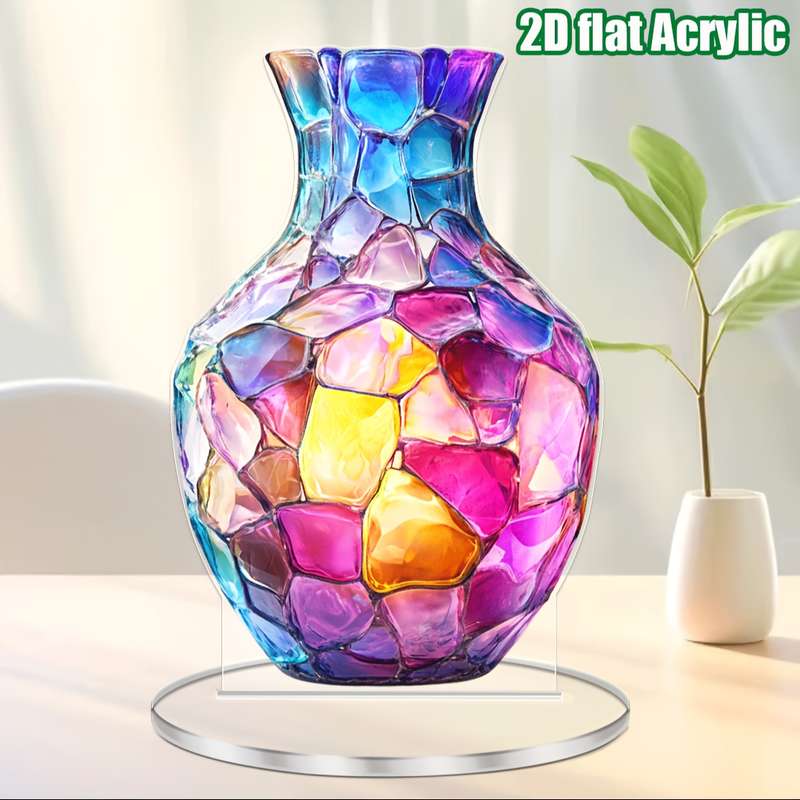 1pc 2D Flat  Acrylic Bohemian Vase Vibrant Mosaic Design Multi-Purpose Tabletop Decor for Home O