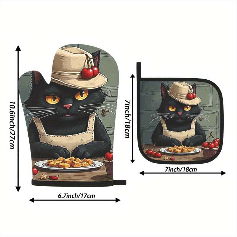2pcs 26.92x17.02 cm Oven Mitts And Potholders Kitchen Style Black Cat Artistic Style Heat Resis