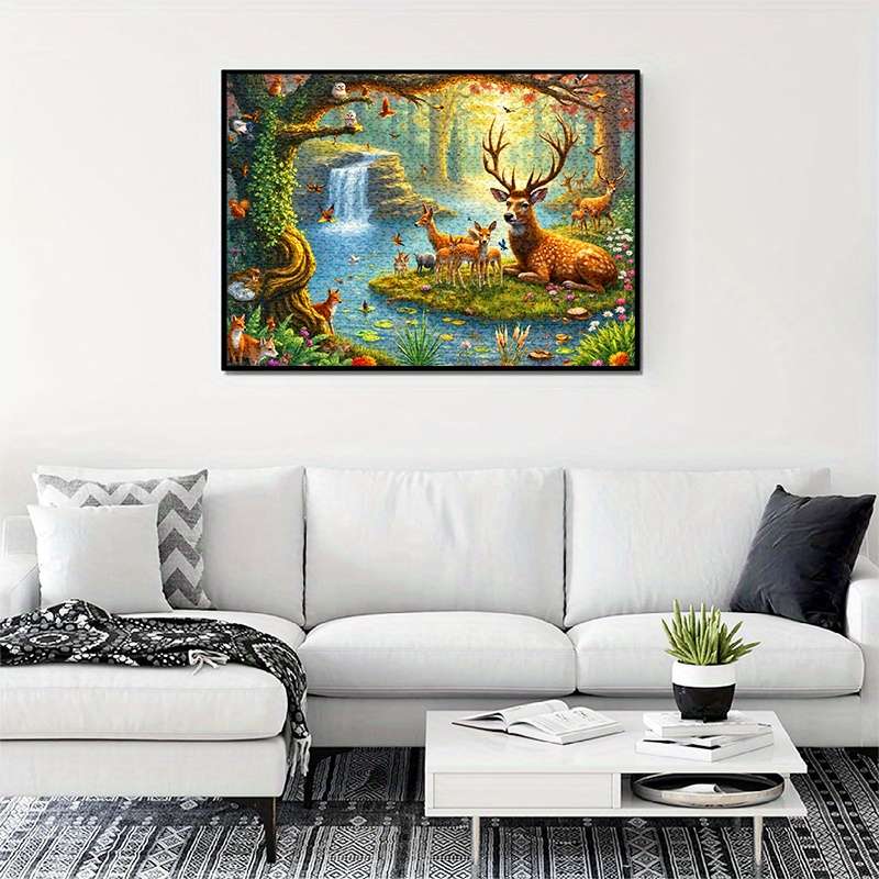 1000pcs Forest Deer Jigsaw Puzzle Scenic Nature Art with Deer Birds Waterfall