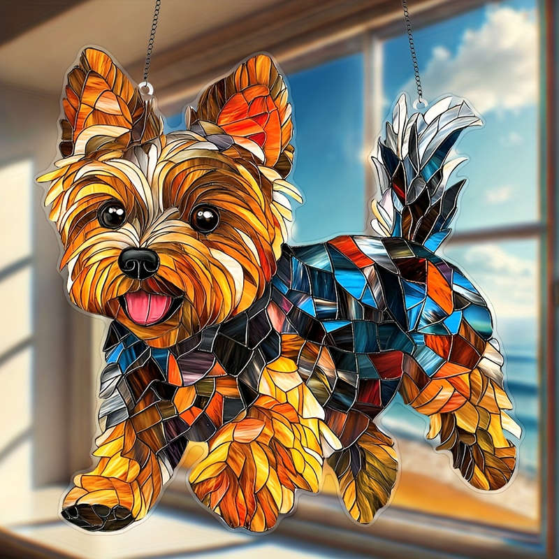 1pc 2D Flat  Printing 8" x 8" Acrylic Dog Ornament Colorful Yorkie Design Durable Wall Art for Wi