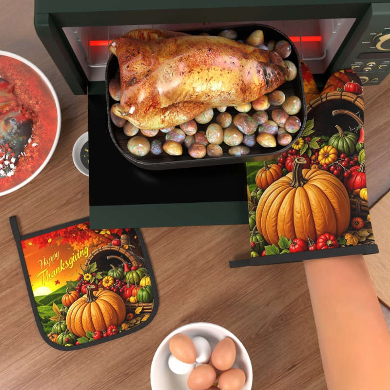 2pcs Autumn Harvest Heat-Resistant Oven Mitts 26.92x17.02 cm Vibrant Pumpkin Vegetables De