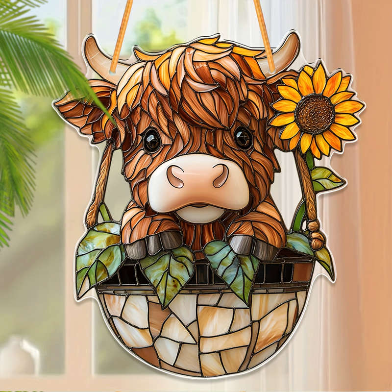 1pc 2D Flat  Highland Cow Acrylic Wall Pediment  Print Farmhouse Window Catchlight 7.1"x8" Ind