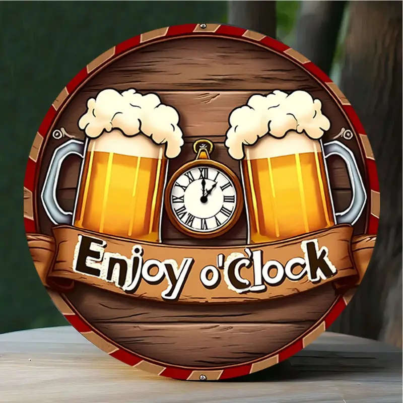 1pc Rustic Enjoy o'Clock Beer Mugs Wall Clock Round Aluminum Sign Festive Hanging Decor for Home Pat