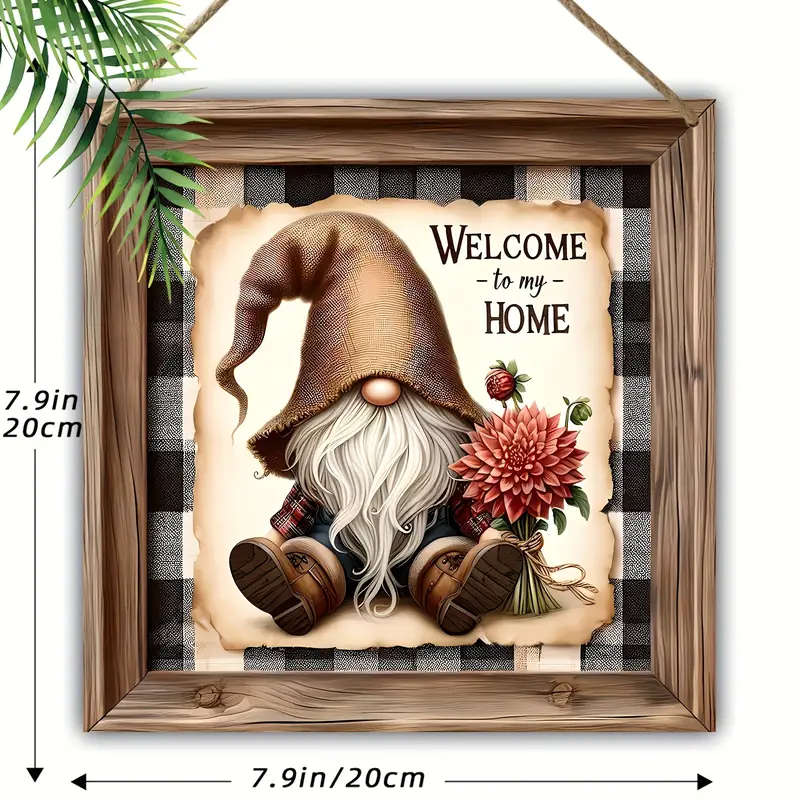 1pc Charming Gnome Welcome Sign with Floral Accents Rustic Wooden Wall Decor for Home Garden Bar or
