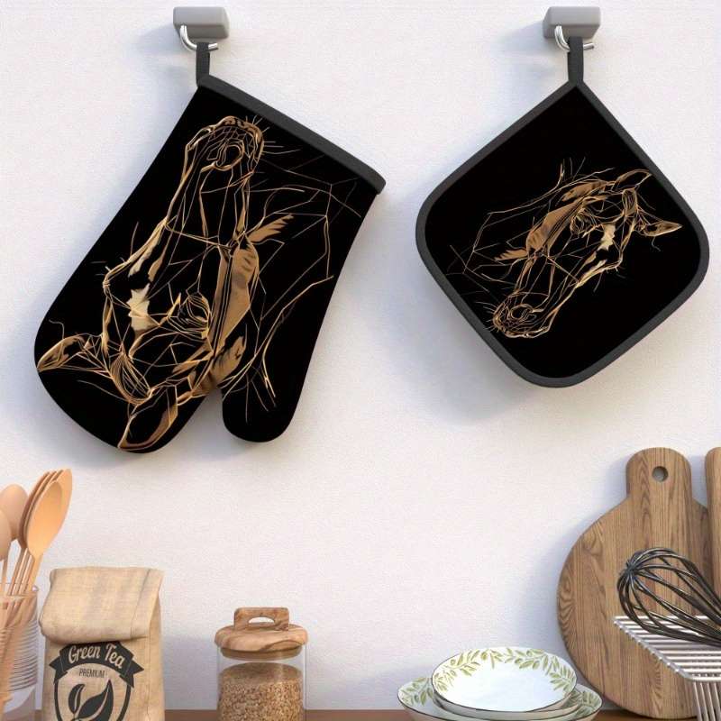 2pcs Golden Horse Sketch Oven Mitts Potholders Heat Resistant Non-Slip Kitchen Gloves for