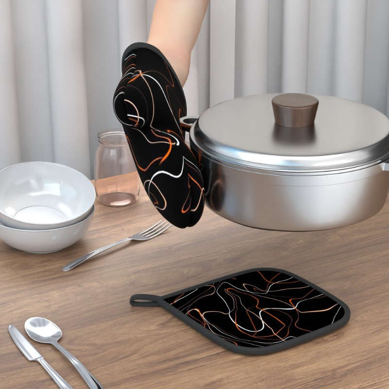 2pcs Oven Mitts 26.92x17.02 cm Heat Resistant Pot Holders with Stylish Black Orange Abstra