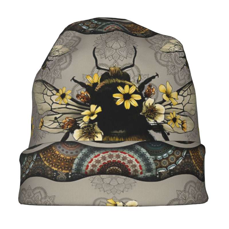 1pc Fashionable Men'S Novelty Bee and Floral Print Skull Cap Polyester Knit Beanie with Elast