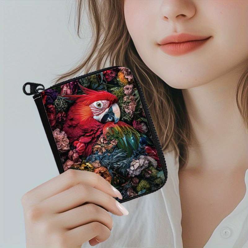 1pc Tropical Parrot Print Womens Wallet Vibrant Floral Bird Design Multi-Card Slots Zipp