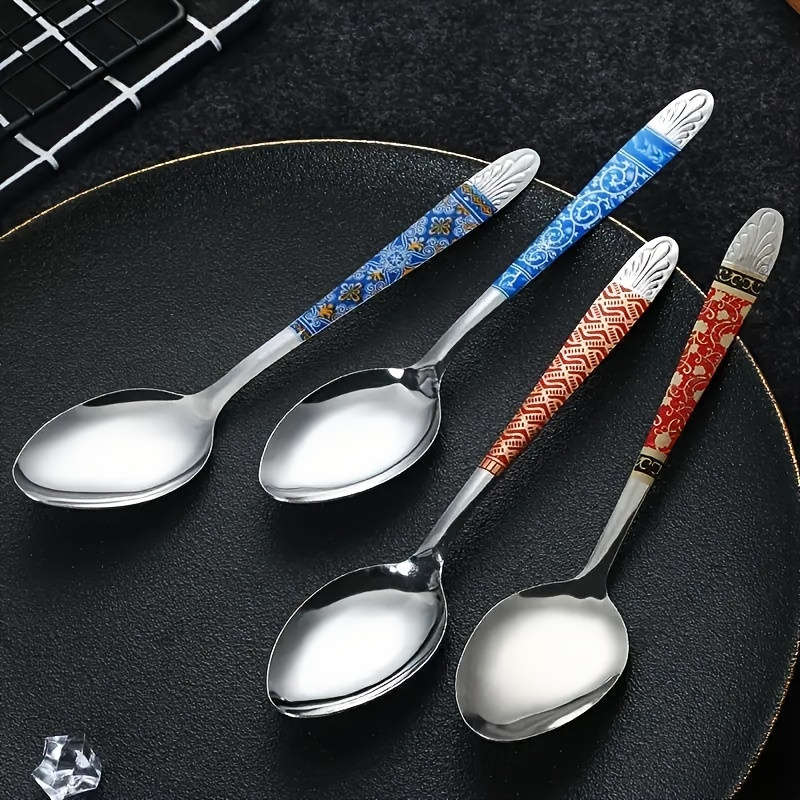 10pcs Elegant Multicolor Stainless Steel Soup Spoons Vintage Print Durable Easy to Clean R