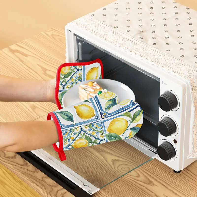 2pcs Lemon Fresco Oven Mitts Pot Holders Thickened Silicone Heat Resistant Cooking Gloves w
