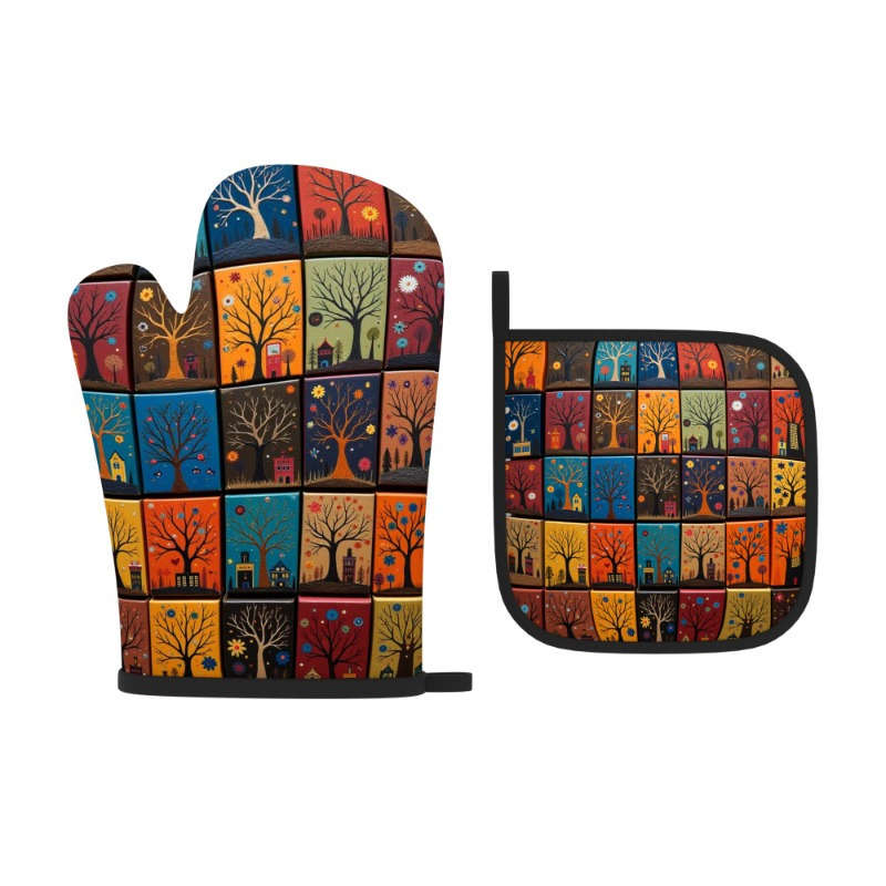 2pcs Colorful Tree Art Heat Resistant Oven Mitts and Pot Holders 26.92x17.02 cm Vibrant Patc