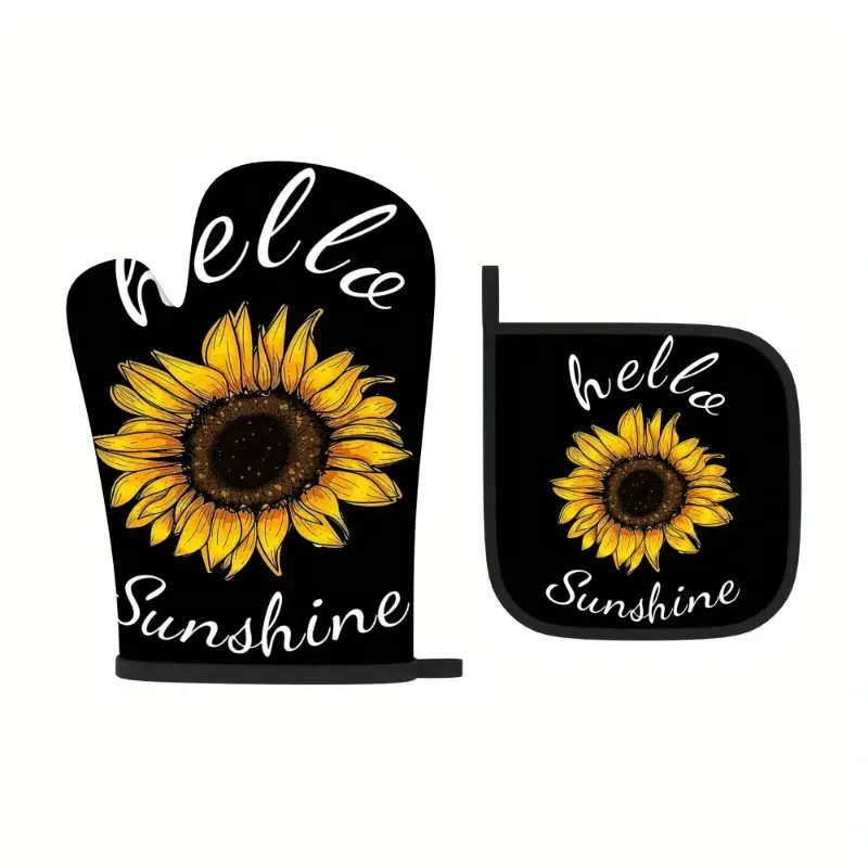 2pcs Sunflower Heat-Resistant Oven Mitts and Potholders Set 26.92*17.02 cm Polyester Machine Washabl
