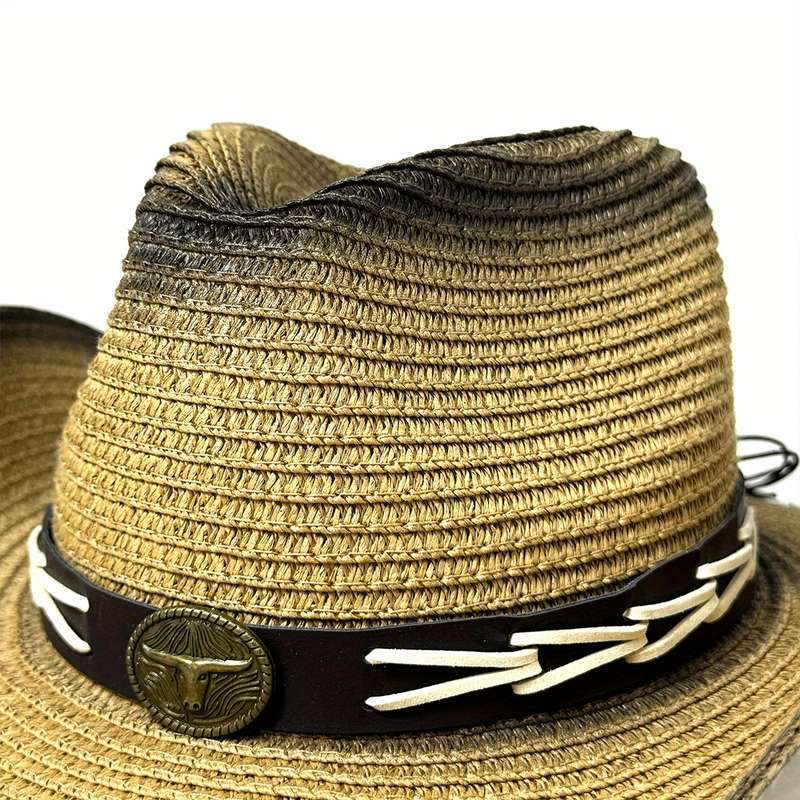 1pc Western Cowboy Hat with Stylish Bull Skull Design Faux Leather Band Polyester Woven Stra